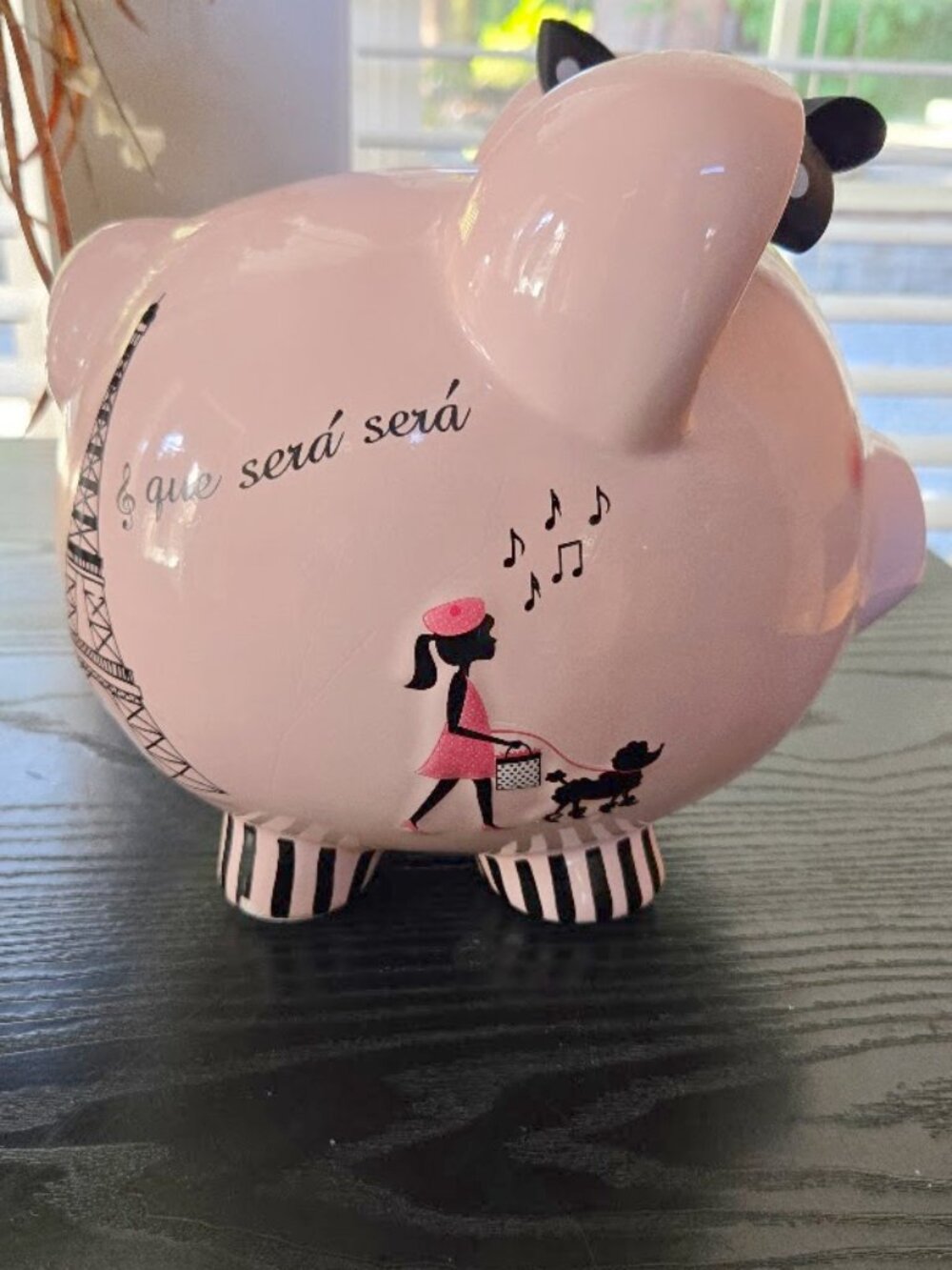 Child to Cherish Ceramic Pink / Black Piggy Bank 8x7 inches paris / french theme